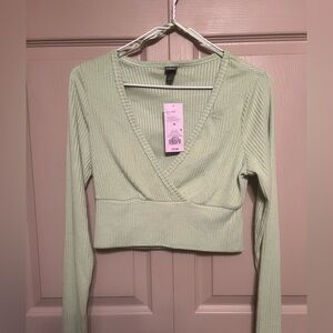 Wild Fable Green Ribbed Wrap Crop Sweater